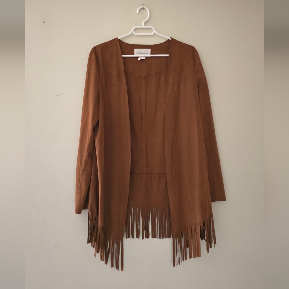 BCBG Generation Brown Fringe Open Front Jacket